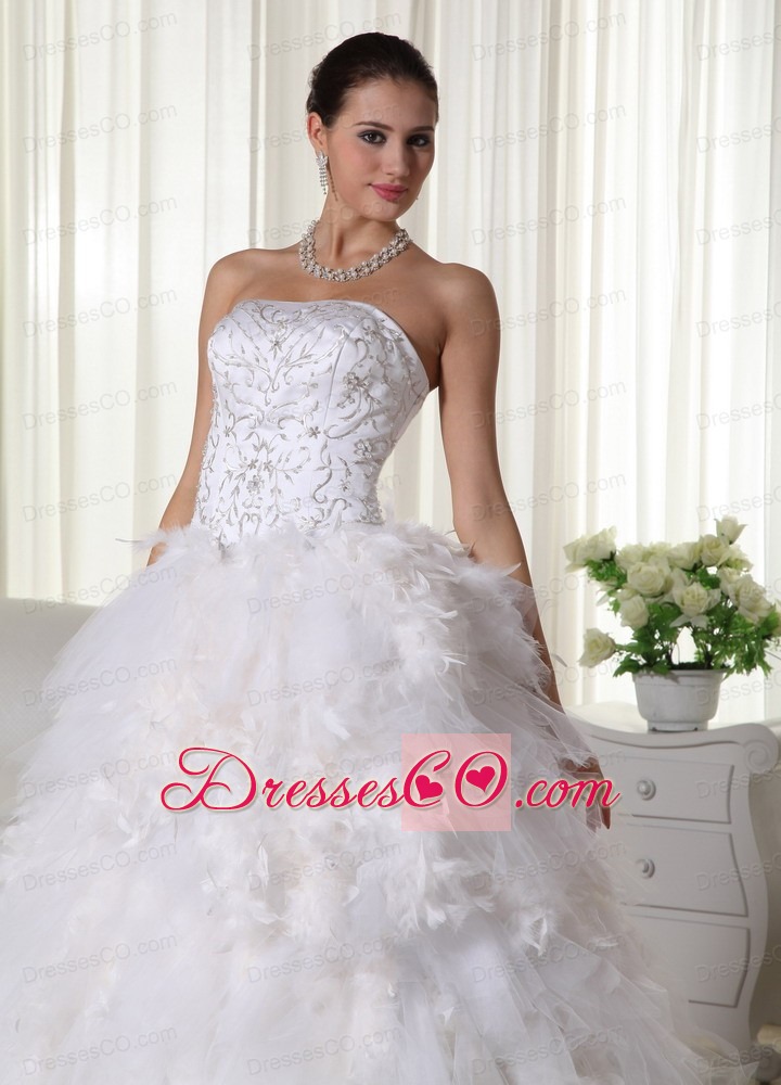 Beautiful A-line Strapless Chapel Train Satin and Organza Embroidery Wedding Dress