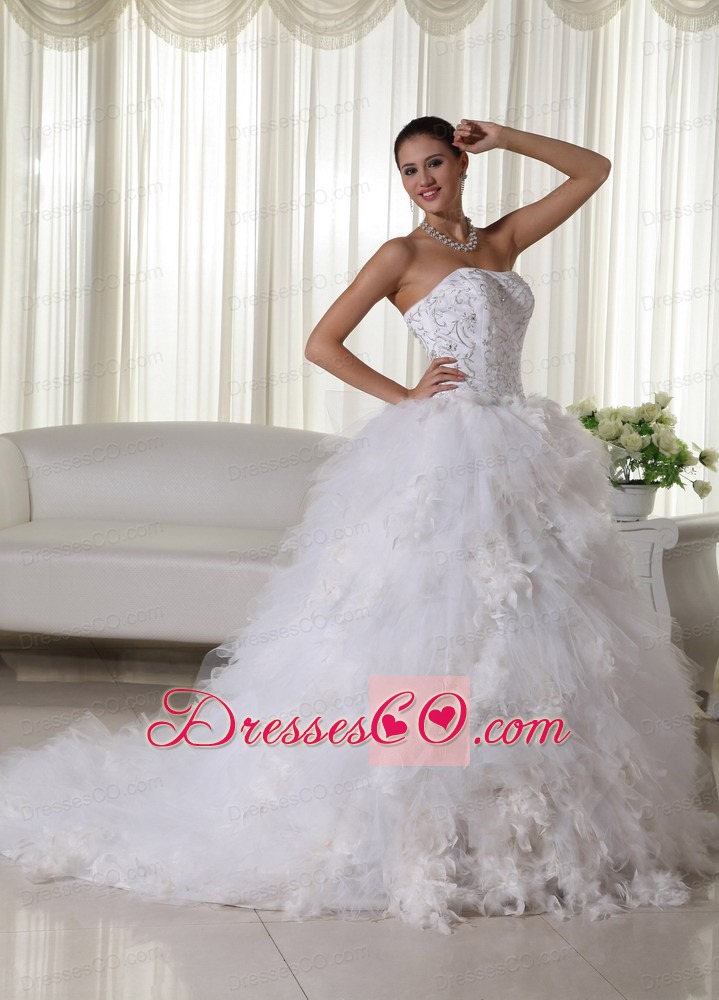 Beautiful A-line Strapless Chapel Train Satin and Organza Embroidery Wedding Dress