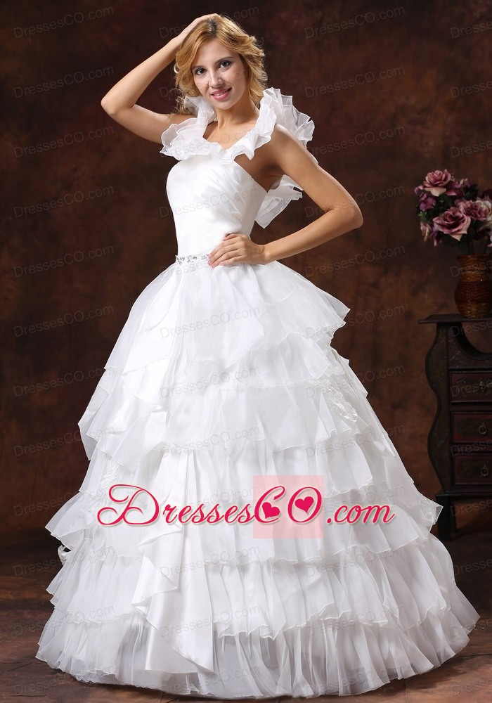 Custom Made Scoop Ball Gown Ruffled Layered Wedding Dress With Sash Organza