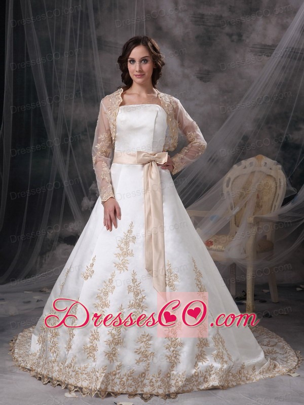 Champagne A-line Strapless Court Train Satin Embroidery Wedding Dress