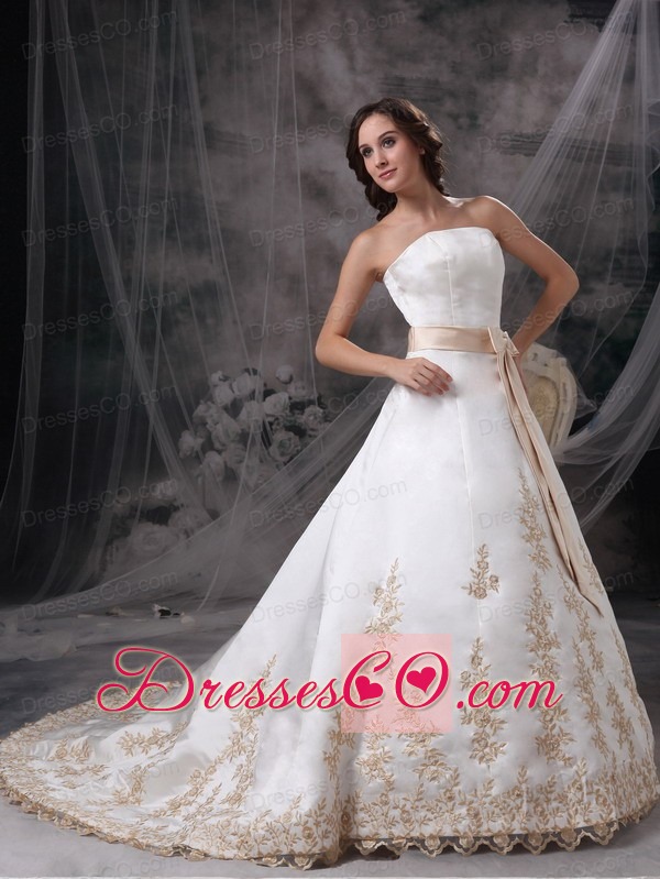 Champagne A-line Strapless Court Train Satin Embroidery Wedding Dress