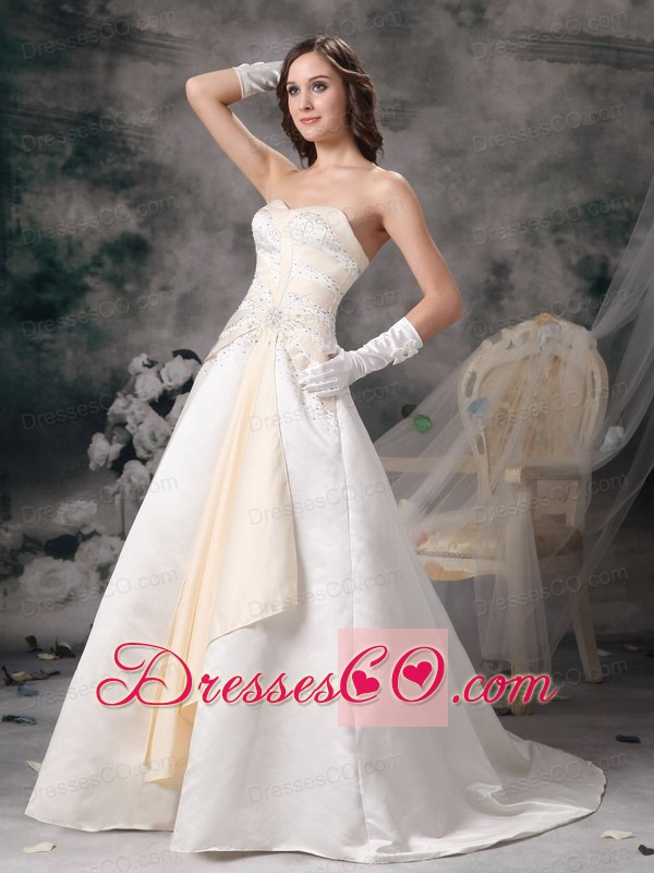White and Champagne A-line Brush Train Satin Beading Wedding Dress