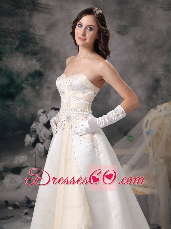 White and Champagne A-line Brush Train Satin Beading Wedding Dress