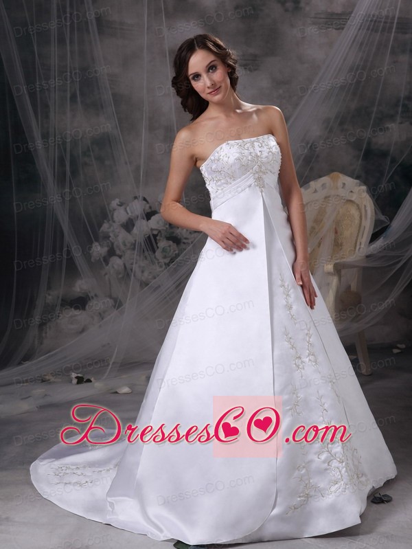 White A-line Strapless Court Train Satin Embroidery Wedding Dress