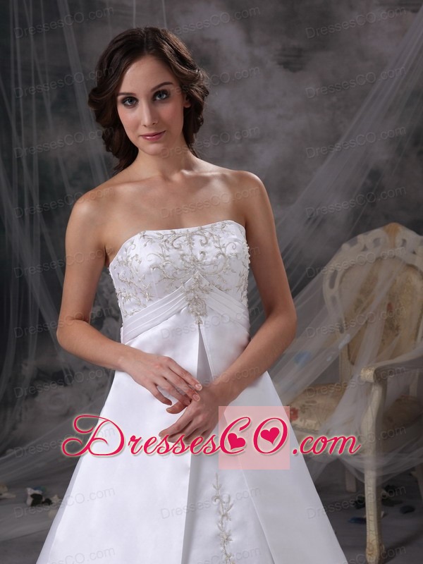 White A-line Strapless Court Train Satin Embroidery Wedding Dress