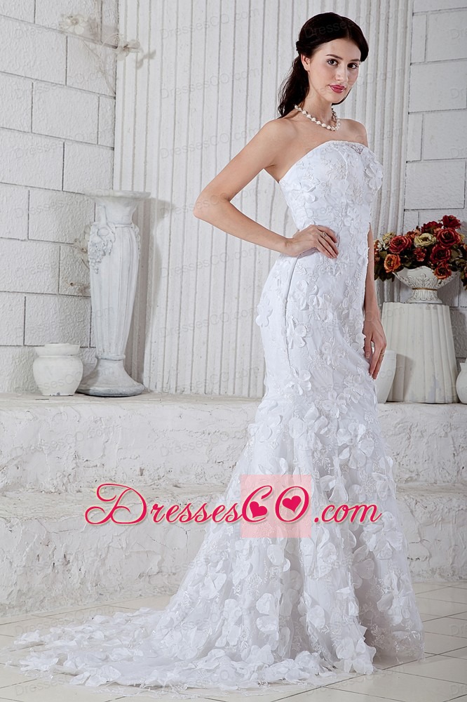Perfect Mermaid Strapless Brush Train Special Fabric Wedding Dress