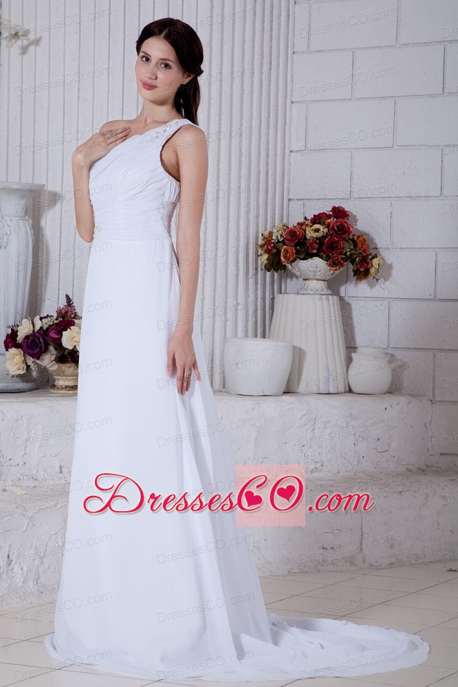 White Column One Shoulder Brush Train Chiffon Appliques Wedding Dress