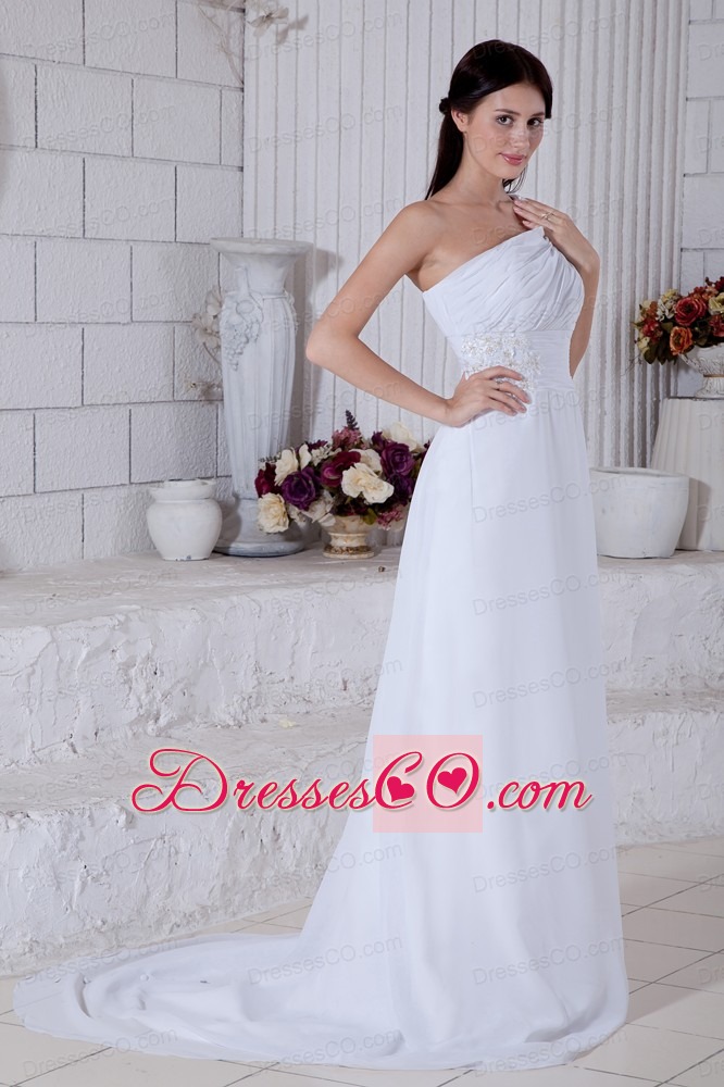 White Column One Shoulder Brush Train Chiffon Appliques Wedding Dress