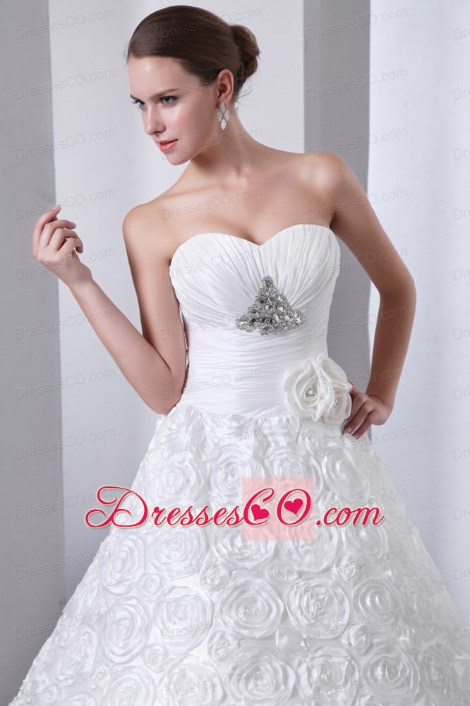 Fashionable A-line Brush Train Fabric With Rolling Flowers Hand Made Flower and Beading Wedding Dress