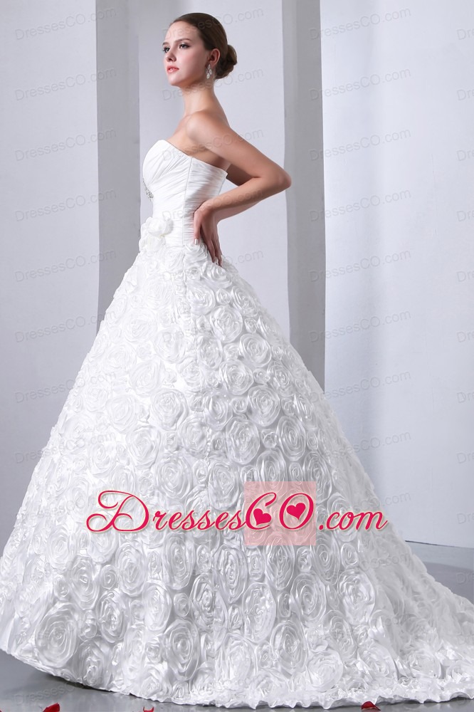 Fashionable A-line Brush Train Fabric With Rolling Flowers Hand Made Flower and Beading Wedding Dress