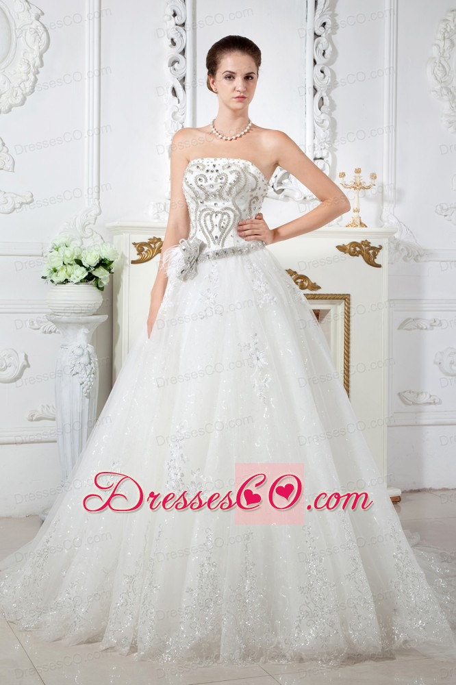 Exqusite A-line Strapless Court Train Tulle Beading Wedding Dress