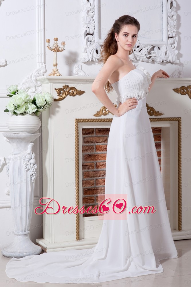 Beautiful A-line / Princess One Shoulder Court Train Chiffon Hand Made Flowers Wedding Dress