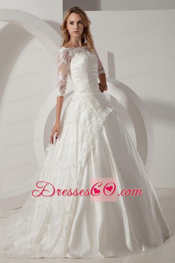 Perfect A-line Off Shoulder Chapel Train Taffeta and Lace Wedding Dress