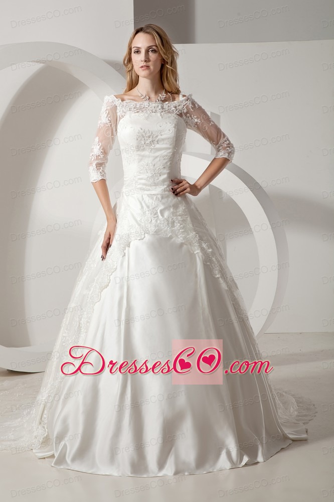 Perfect A-line Off Shoulder Chapel Train Taffeta and Lace Wedding Dress