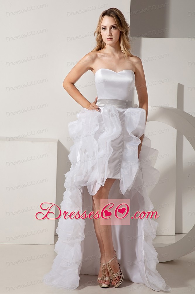 White A-line High-low Satin and Organza Ruffles Prom Dress