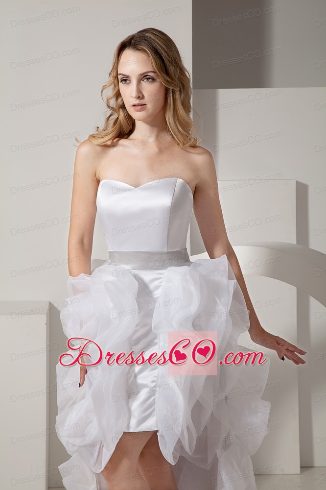 White A-line High-low Satin and Organza Ruffles Prom Dress