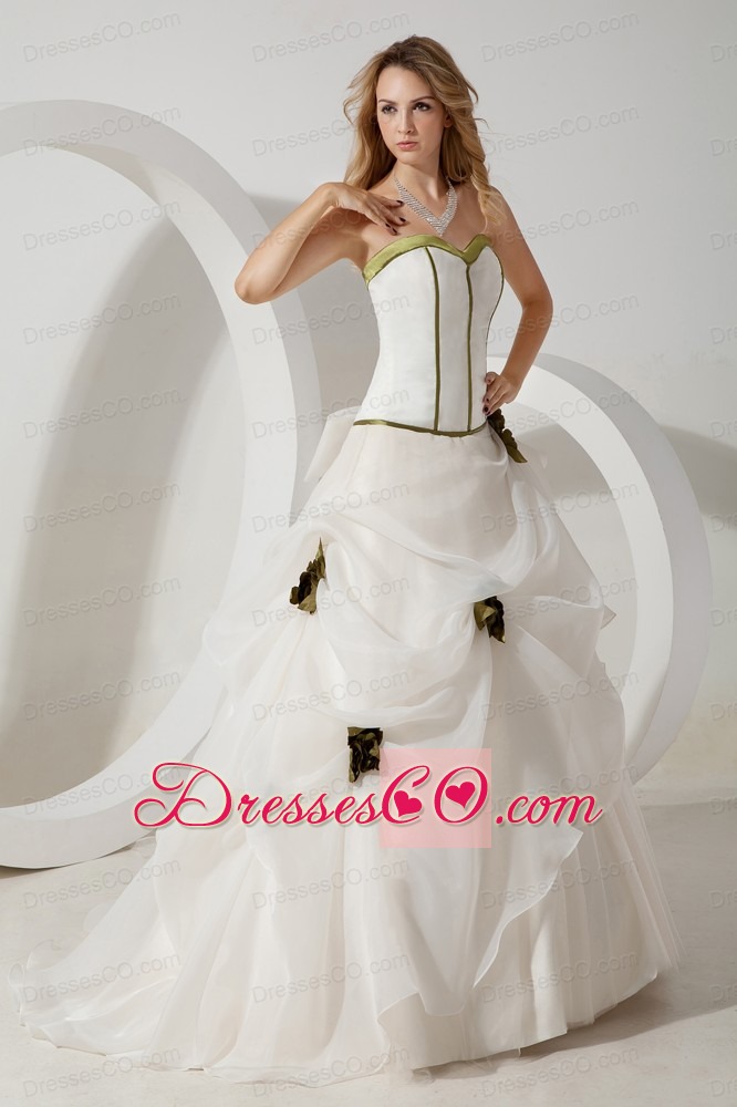 White Ball Gown Brush Train Organza Hand Made Flowers Wedding Dress