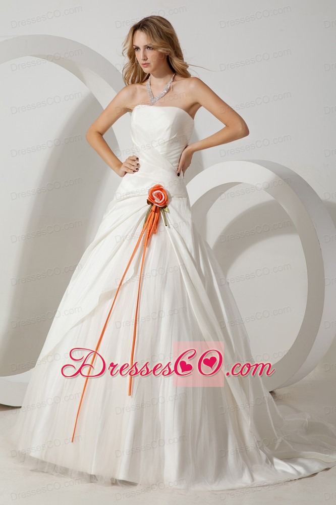 Beautiful A-line Strapless Brush Train Taffeta Hand Made Flower Wedding Dress