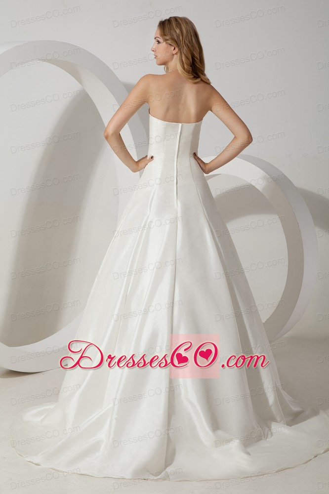 Beautiful A-line Strapless Brush Train Taffeta Hand Made Flower Wedding Dress