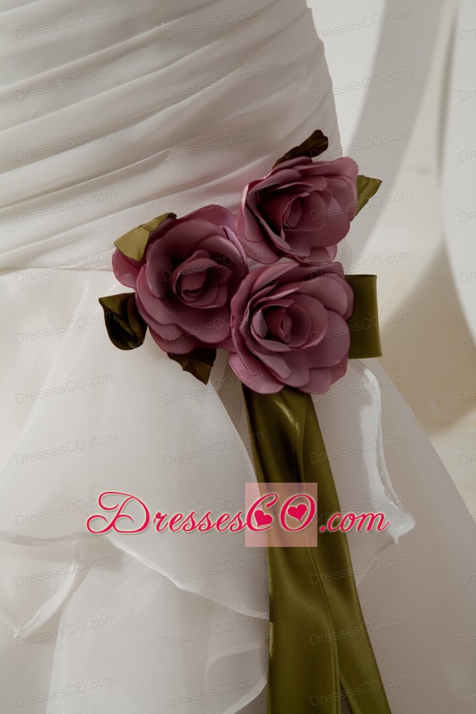 Elegant A-line Straps Brush Train Organza Hand Made Flowers Wedding Dress
