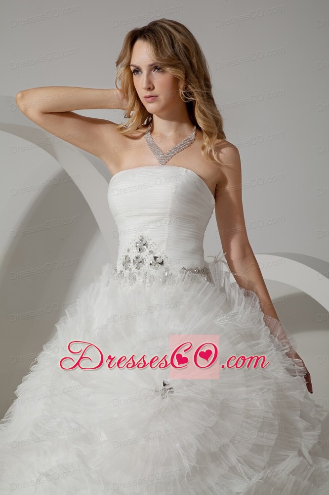 Perfect Ball Gown Strapless Court Train Tulle Beading Wedding Dress