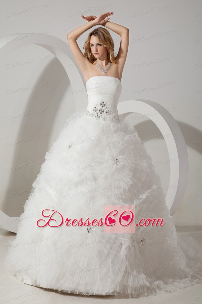 Perfect Ball Gown Strapless Court Train Tulle Beading Wedding Dress