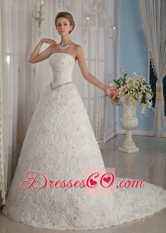 Exquisite A-Line / Princess Strapless Court Train Rolling Flowers Beading Wedding Dress