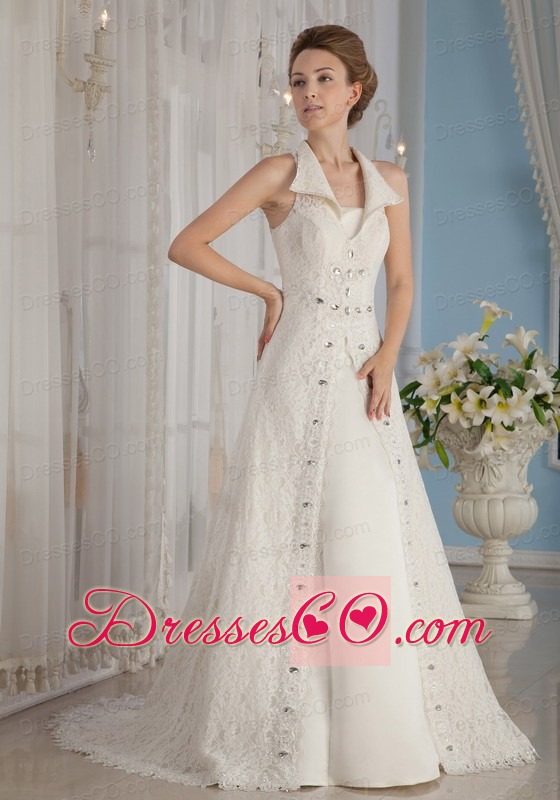 Formal A-Line / Princess V-Neck Court Train Lace Beading Wedding Dress