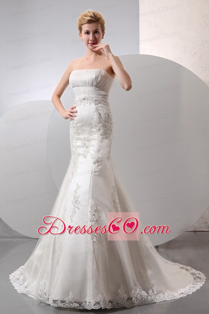 Modest Mermaid Strapless Court Train Taffeta and Organza Lace and Appliques Wedding Dress