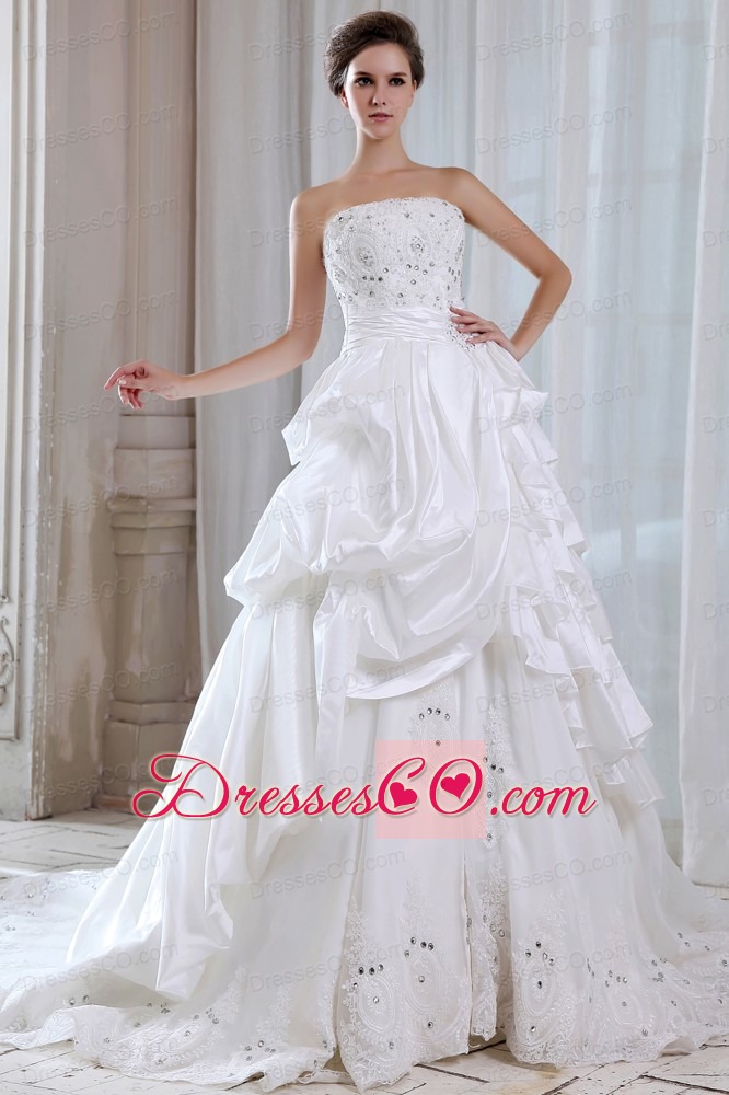 Elegant A-line Strapless Court Train Taffeta Lace and Beading Wedding Dress