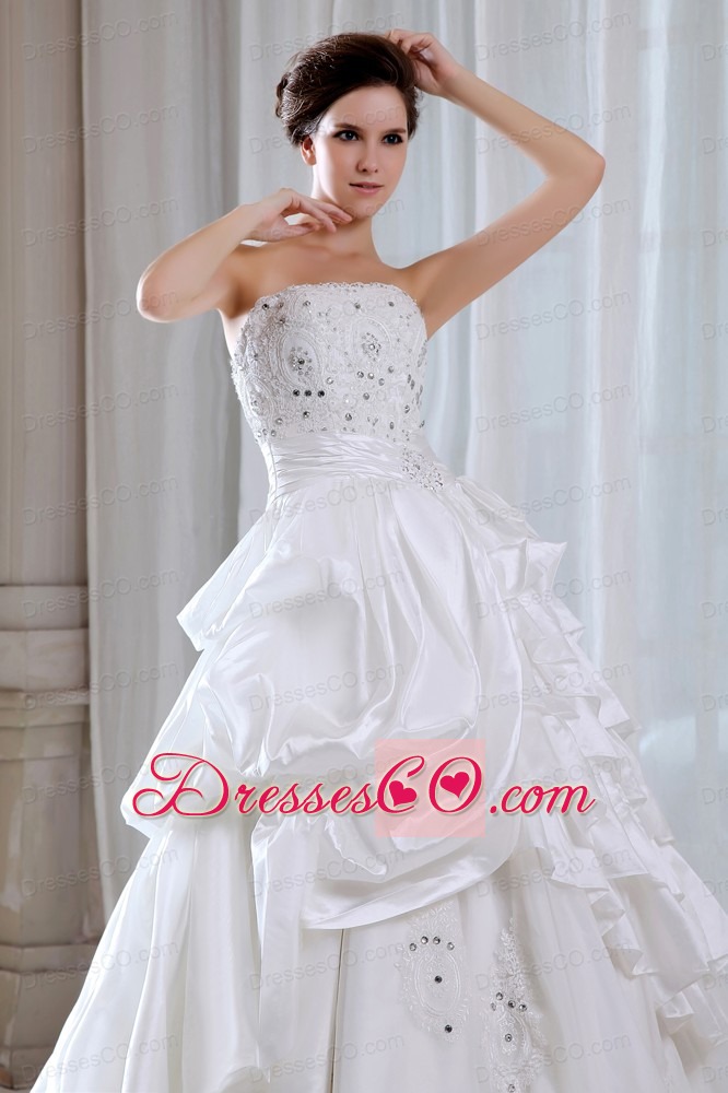 Elegant A-line Strapless Court Train Taffeta Lace and Beading Wedding Dress