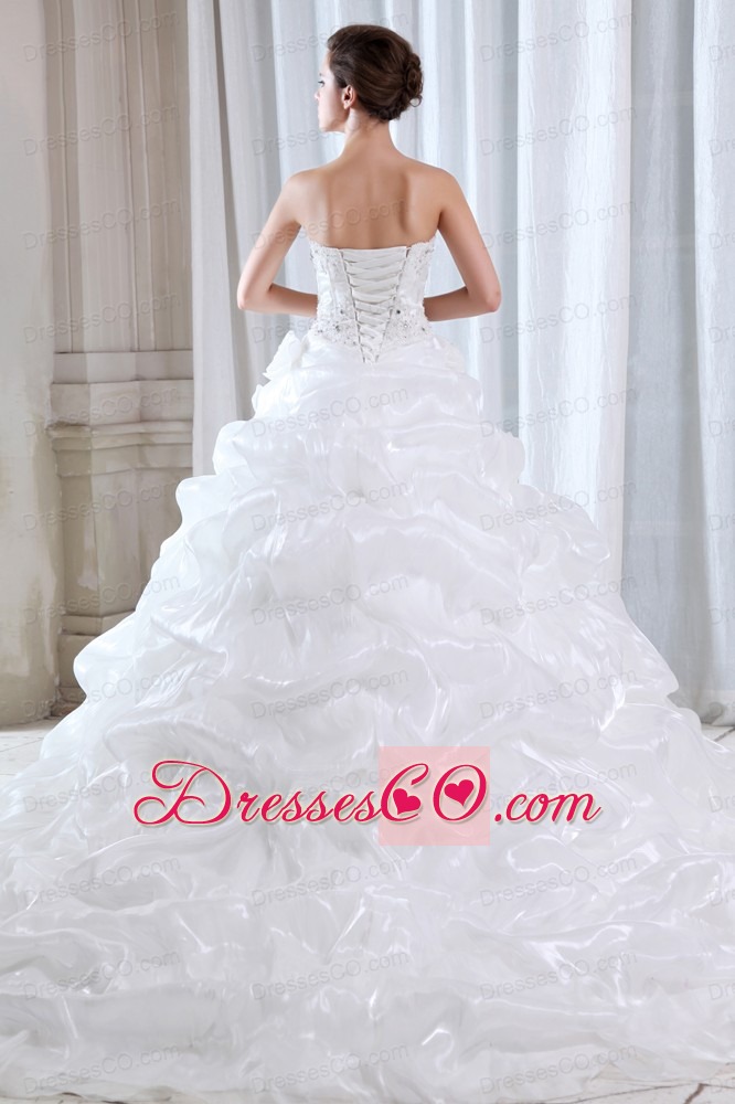Romantic A-line Strapless Court Train Organza Beading and Appliques Wedding Dress