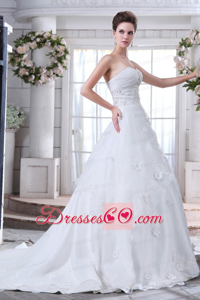 Pretty A-line Brush Train Organza Beading Wedding Dress