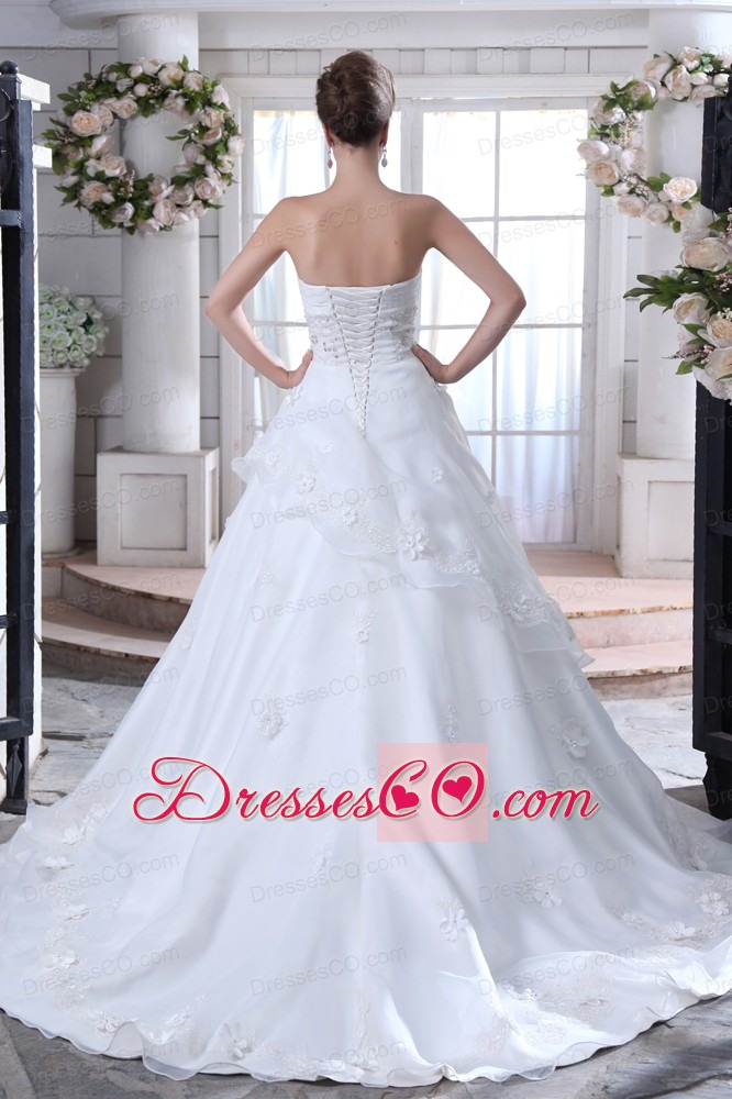 Pretty A-line Brush Train Organza Beading Wedding Dress
