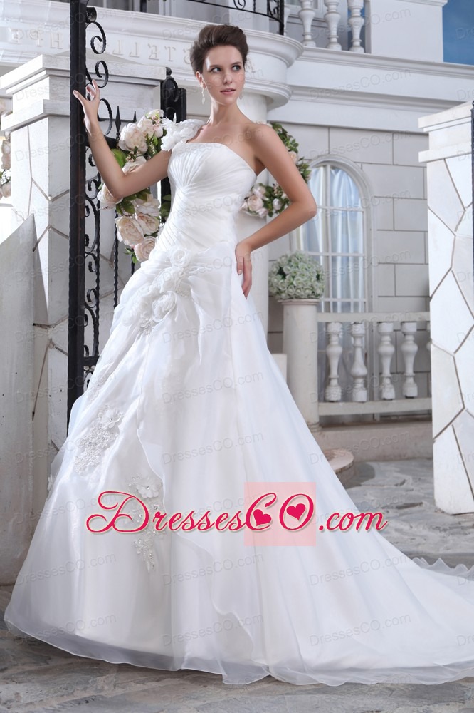 Pretty A-line One Shoulder Court Train Organza Ruche and Hand Made Flowers Wedding Dress