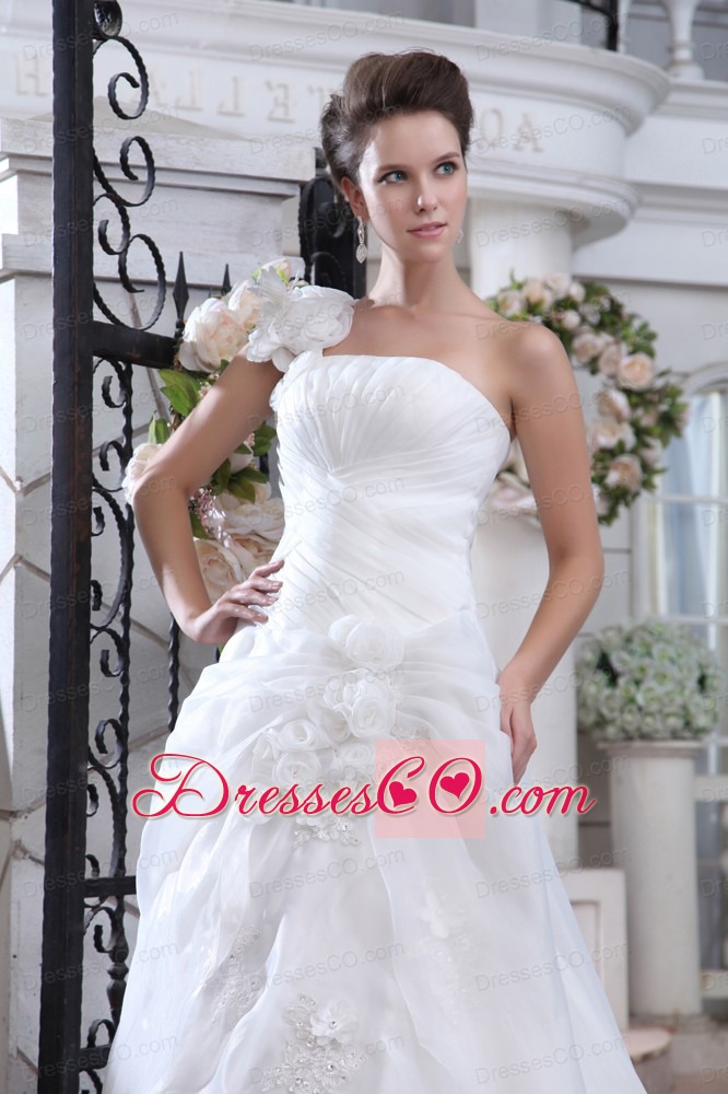 Pretty A-line One Shoulder Court Train Organza Ruche and Hand Made Flowers Wedding Dress