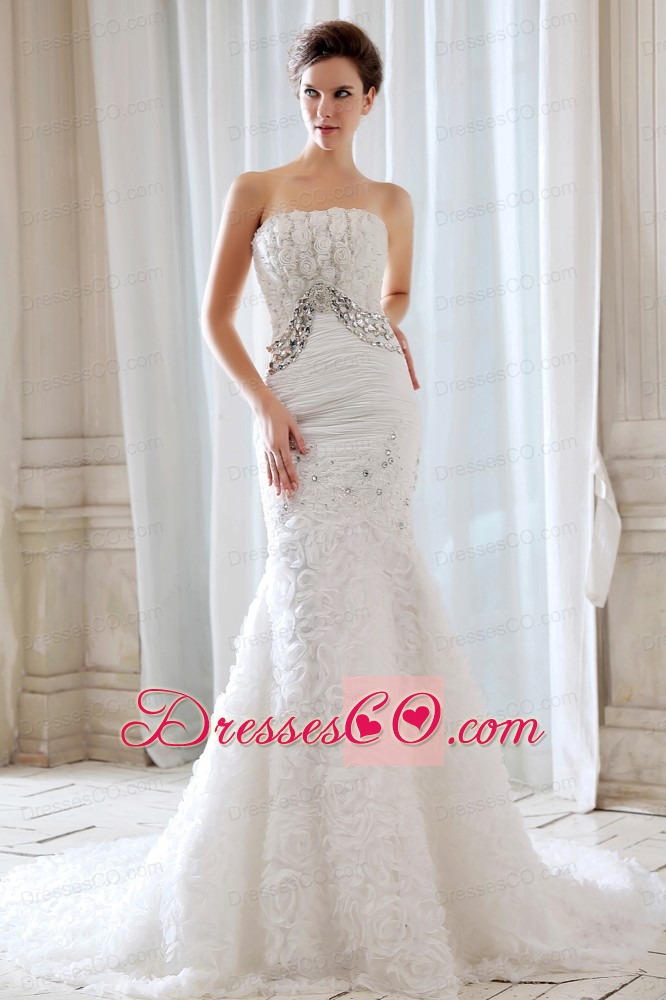 Gorgeous Mermaid Strapless Court Train Special Fabric Beading and Appliques Wedding Dress