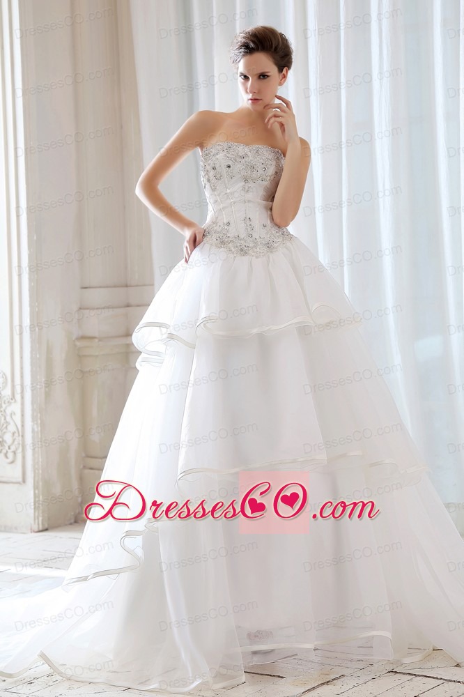 Exquisite Princess Strapless Court Train Tulle Beading and Appliques Wedding Dress