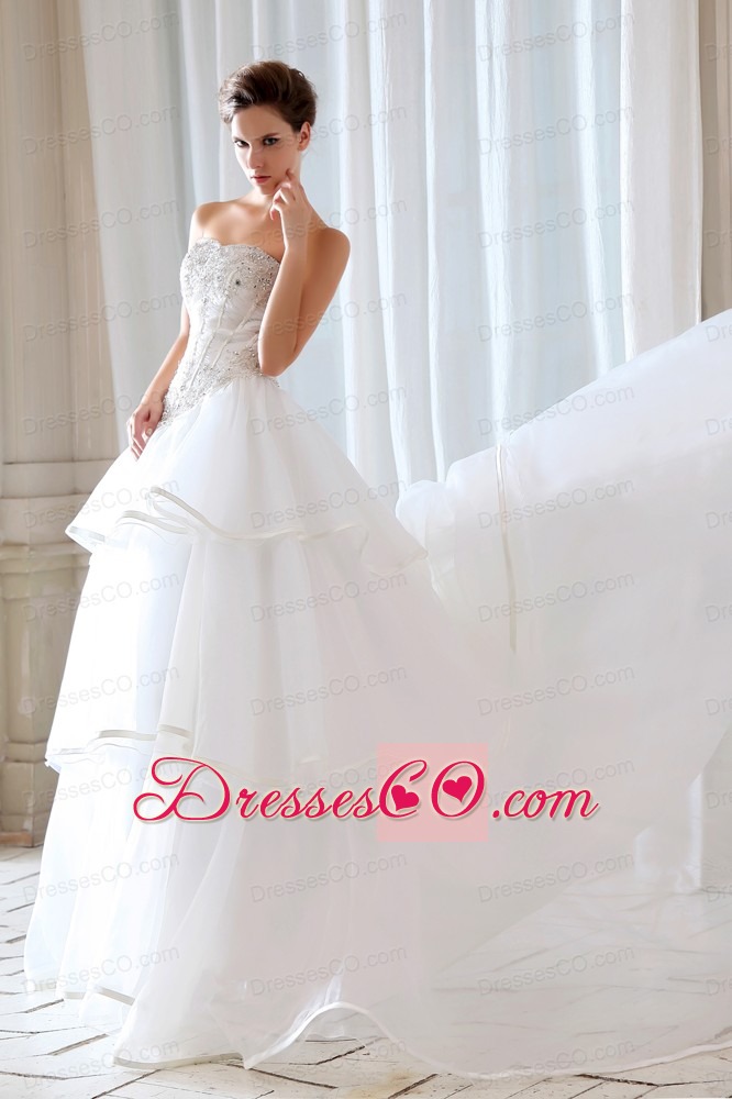 Exquisite Princess Strapless Court Train Tulle Beading and Appliques Wedding Dress