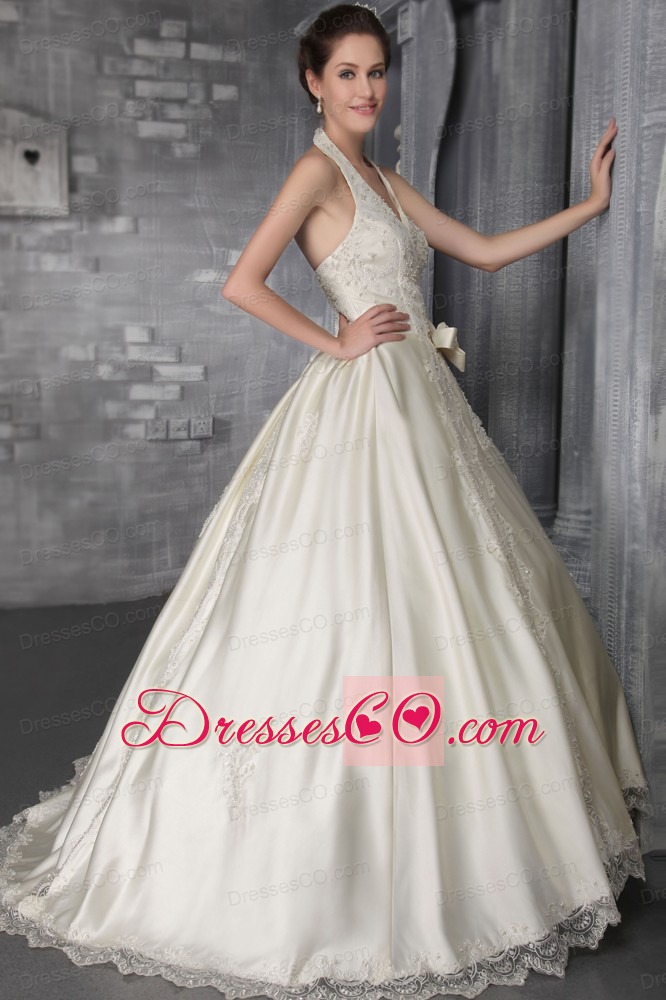 Fashionable A-Line/Princess Halter Brush/Sweep Satin Lace and Beading Wedding Dress