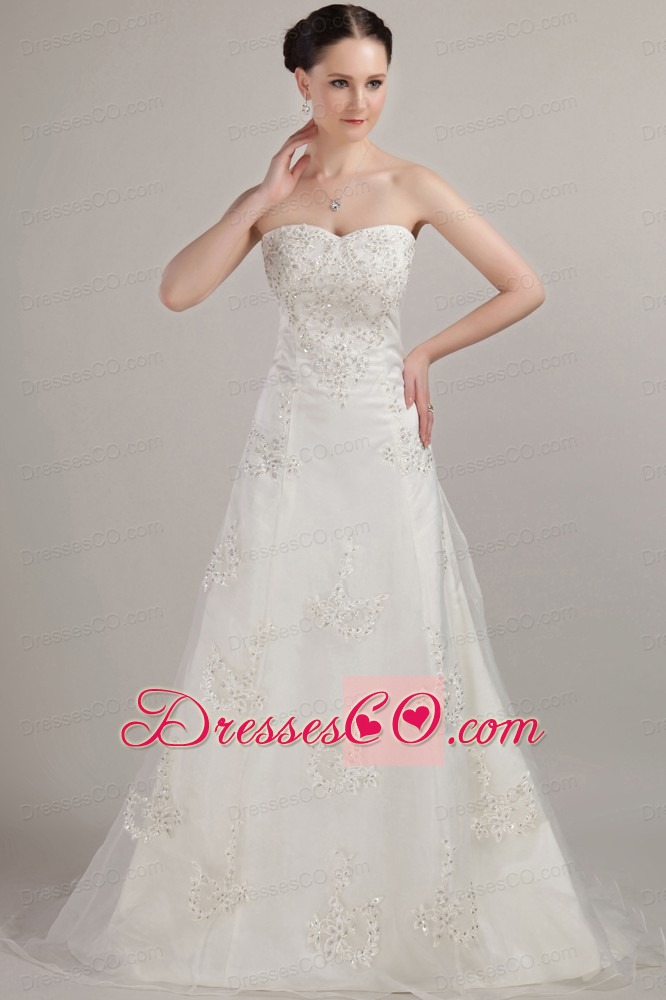 Classical A-line / Princess Strapless Court Train Tulle Beading and Embroidery Wedding Dress