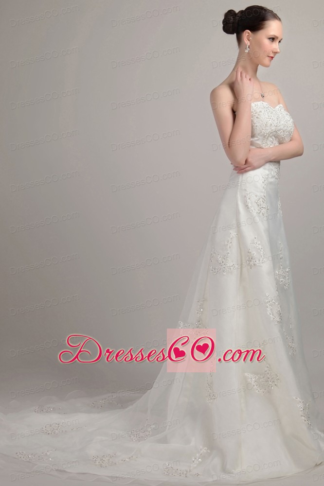 Classical A-line / Princess Strapless Court Train Tulle Beading and Embroidery Wedding Dress