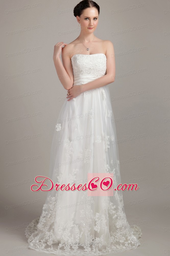 White Column/Sheath Strapless Brush/Sweep Lace Appliques Wedding Dress