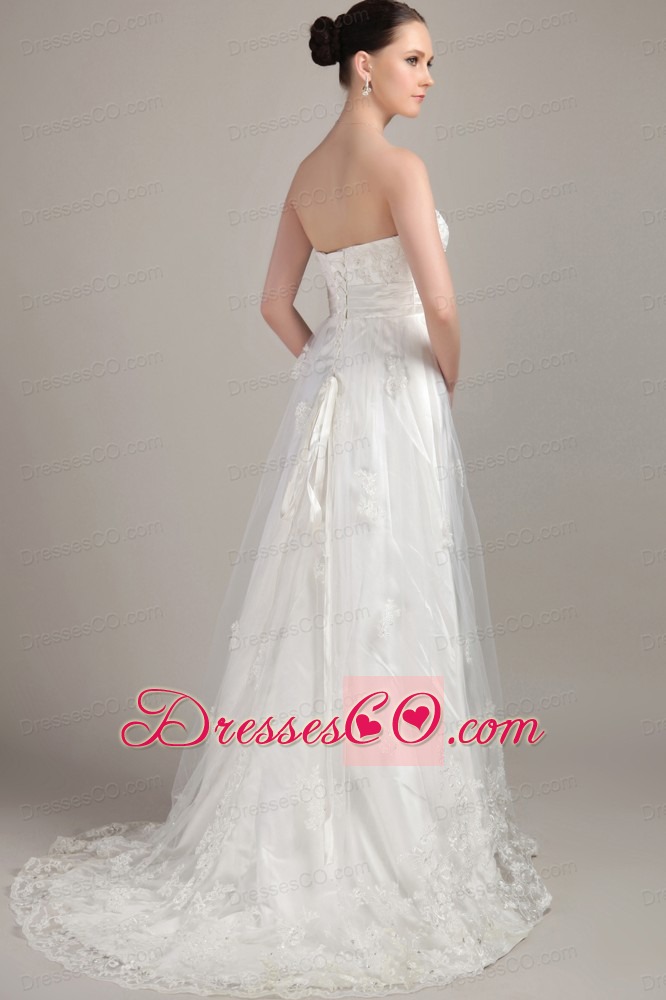 White Column/Sheath Strapless Brush/Sweep Lace Appliques Wedding Dress