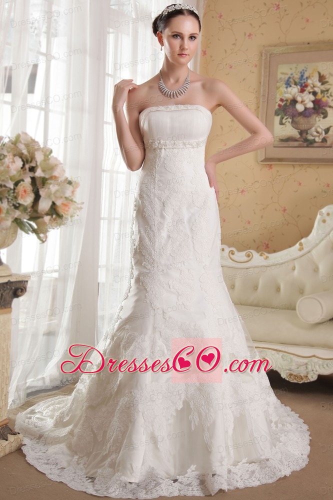 White Mermaid Strapless Chapel Train Lace Beading Wedding Dress