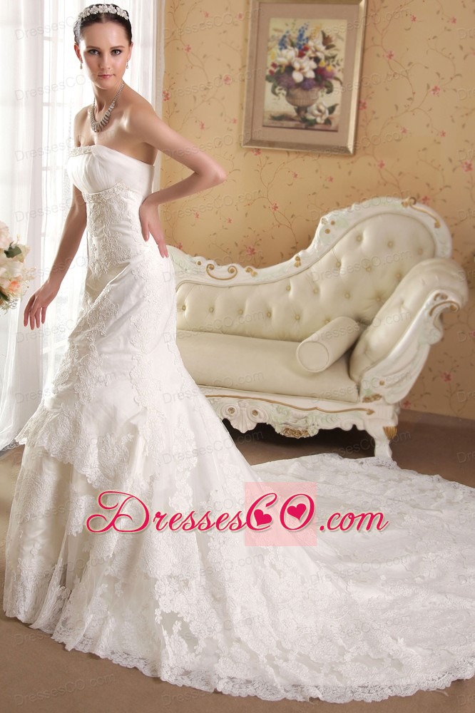 White Mermaid Strapless Chapel Train Lace Beading Wedding Dress