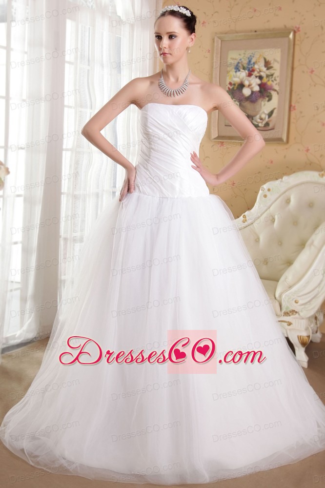 White A-Line / Princess Strapless Chapel Train Taffeta and Organza Ruch Wedding Dress