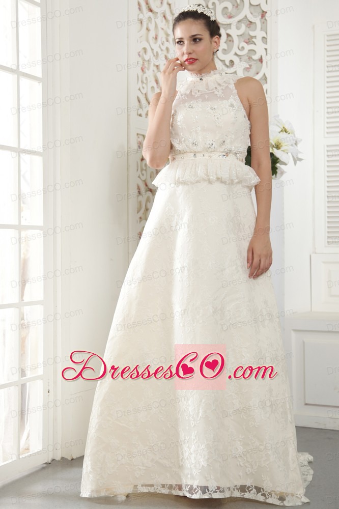 Popular A-line High-neck Brush Train Lace Beading and Ruching Wedding Dress