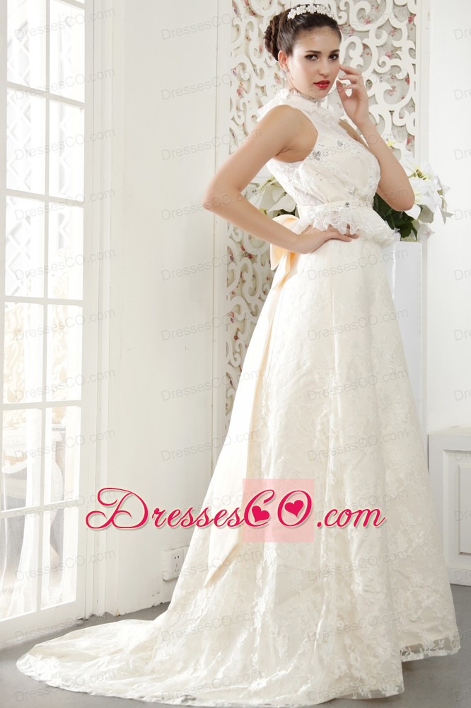 Popular A-line High-neck Brush Train Lace Beading and Ruching Wedding Dress