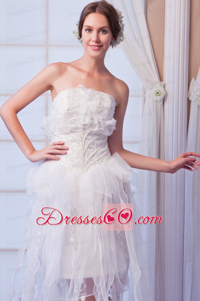 White Column Strapless Asymmetrical Organza Beading Prom Dress